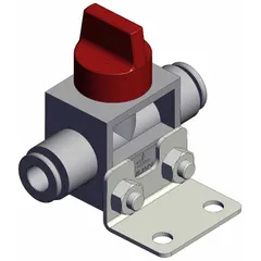 Manual air control valve with knob actuator for starting, stopping, or redirecting compressed air flow in pneumatic systems. Features 3 ports and a 6 mm side-ported body with red actuator. Suitable for panel-mount or inline control applications.