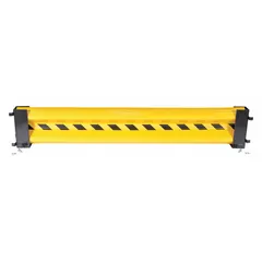 This highway-style guardrail is made of steel with a powder-coated yellow finish. It features a mid-rail height of 12 7/8 in and includes mounting hardware. Used to protect personnel, equipment, and structures from vehicle impact in industrial facilities such as warehouses and loading docks.