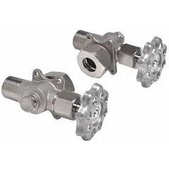 This gauge cock features a stainless steel body and a zinc handwheel handle. It is designed for 3/4 inch compatible gauge glass diameter and has an NPT drain connection. Used to isolate and drain gauge glass assemblies in industrial piping systems.