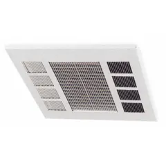 This recessed ceiling heater provides fan-forced warm air distribution for supplemental heating in commercial and industrial spaces. It operates on 277V AC, 1-phase power with selectable wattage outputs of 2000W, 3000W, or 4000W. The gray housing measures 23-3/4 in x 23-3/4 in x 5-3/4 in and mounts into a ceiling grid.