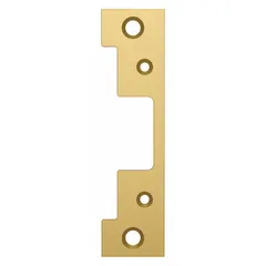 Brass faceplate for Series 5000 electric strikes. Measures 1 1/4 in wide by 4 7/8 in high. Used to cover the cutout in a door frame and provide a finished appearance, commonly specified in commercial access control installations.