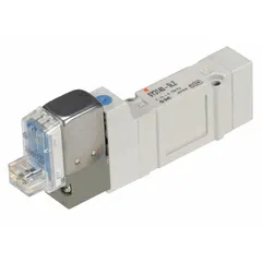 Double solenoid, five-way/three-position directional control valve with 5 ports. Features spring return, plug-in connectivity, internal pilot, and non-locking manual override in exhaust configuration. Used to direct compressed air in automated pneumatic systems for manufacturing, packaging, and material handling applications.