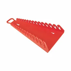 This plastic wrench gripper organizes wrenches in workshops or tool cribs. It can be used hand-held or mounted on a pegboard via its bolt-on design, keeping tools accessible and reducing clutter. The red, 7 1/2 in wide unit is suitable for industrial maintenance and assembly environments.