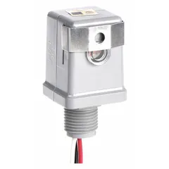 Fixed stem-mounted photocell for automatic dusk-to-dawn lighting control. Features a 1/2-inch stem diameter, SPST switching, and operates on 208-277V AC. Includes lock nut for flush in-post mounting. Suitable for outdoor lighting applications such as parking lots, pathways, and security lighting.