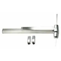 This surface vertical rod exit device features a touchbar and night latch, designed for doors up to 4 ft wide. The chrome finish provides a standard commercial appearance. Suitable for use in buildings requiring code-compliant emergency egress