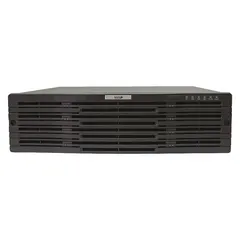 Network IP video recorder supporting up to 128 camera inputs. Features BNC, HDMI, and VGA outputs for local monitoring, a 10/100/1000 Mbps network interface, and H.264 video compression. Recording is schedule-based. Suitable for centralized recording and management in commercial or industrial surveillance systems.