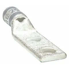 This two-hole compression lug is designed for terminating 4 AWG stranded copper wire to a stud or bus bar. It features a standard copper barrel and an inspection hole to verify full wire insertion. Suitable for use in electrical power distribution, switchgear, and industrial control panels where a secure, vibration-resistant connection is required.