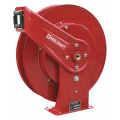 This spring-return hose reel is designed for high-pressure grease dispensing in lubrication systems. It accommodates up to 50 ft of 1/4 in I.D. hose and operates at a maximum pressure of 5,000 psi. The reel features a nickel-plated steel swivel and a red finish, with overall dimensions of 19-3/4 in L x 7 in W x 20-1/4 in H.