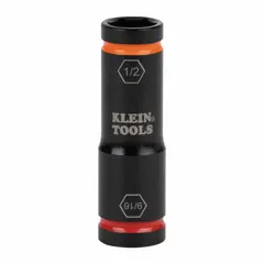 SAE flip impact socket with 1/2 in drive and two socket sizes (1/2 in and 9/16 in) in a single tool. Features a 6-point design and Manganese Phosphate finish. Used with impact wrenches for fastener driving in electrical, construction, and maintenance applications.