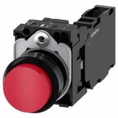 Non-illuminated momentary push button with extended profile for 22 mm mounting. Non-metallic construction provides corrosion resistance and electrical isolation. Suitable for control panels and industrial machinery requiring operator input.