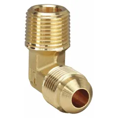 Brass flared/threaded 45-degree elbow fitting for connecting 1/4 in OD tubing to 3/8 in pipe threads. Suitable for hydraulic and pneumatic systems requiring leak-resistant connections. Meets SAE J513 standards. Supplied as a 10-pack.