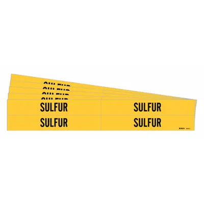 BRADY Pipe Marker: Sulfur, Yellow, Black, Fits 3/4 to 2 3/8 in Pipe O.D., 4 Pipe Markers - Sulfur Adhesive Pipe Markers
