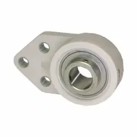 This washdown flange-mount ball bearing features a 20 mm cylindrical bore and a PBT plastic housing with set screws. It is lubricated with H-1 grease and has a 5/16 in mounting bolt size. The bearing is designed for applications requiring frequent washdowns, such as food processing and beverage lines