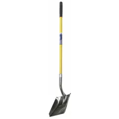 This digging shovel features a 14-gauge steel blade in silver and a yellow fiberglass straight handle. Suitable for general digging and moving soil, gravel, or sand in construction and landscaping tasks.