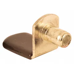 Steel shelf support with brass-plated finish in brown. Measures 1/2 in width, 1 9/32 in length, 45/64 in height, with a 20 lb capacity. Sold in an 8-pack. Used to support shelves in cabinets, closets, or light-duty shelving applications.