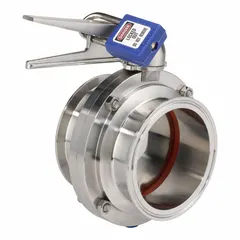 This 3-A certified butterfly valve features a 316 stainless steel body and disc with a clamp connection and lever handle. It offers 12 stop positions and a maximum pressure rating of 145 psi CWP. The valve has an average surface roughness of 20RA ID and 32RA OD, suitable for sanitary applications requiring clean-in-place (CIP) systems.