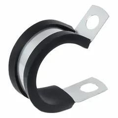 Aluminum loop clamp for securing tubing or pipe with a maximum outer diameter of 3/4 in. Features an EPDM rubber cushion that provides vibration dampening and corrosion resistance. Suitable for industrial piping systems in applications such as machining, HVAC, and fluid handling.