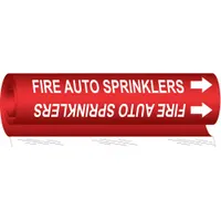 Red wrap-around pipe marker with white legend reading 'Fire Auto Sprinklers' and directional arrows. Fits pipe outer diameters from 2-1/2 to 7-7/8 inches. Used to identify fire sprinkler piping in commercial and industrial settings