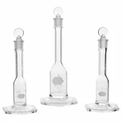 This KIMBLE volumetric flask has a 1 mL capacity with a tolerance of +/-0.01 mL. It features a conical shape, colorless USP Type I glass body, and includes a closure. Compatible with stopper size 8, the flask has an overall height of 94 mm. Used for precise liquid measurement and dilution in analytical chemistry and laboratory applications.