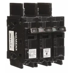 Three-pole miniature circuit breaker rated 20 A at 240V AC, featuring high interrupting capacity for overcurrent protection. Designed for bolt-on installation in panelboards, suitable for branch circuit protection in electrical distribution systems.