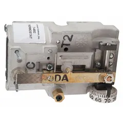 Pneumatic thermostat with reverse action for HVAC systems. Controls temperature by modulating high volume air flow through two pipes. Temperature range 12° to 30°C. Designed for horizontal mounting without cover.
