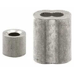Aluminum ferrule and stop for cable termination and assembly. Overall height 4-5/8 in, width 2-3/4 in. Supplied as a pair (1 PR). Used to secure and stop cable ends in rigging, fencing, or control systems.