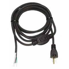 This 12-foot power cord features a 5-15P plug and bare wire receptacle for field wiring of equipment. Rated 125V AC with 3/18 AWG conductors and an SJO rubber jacket, it includes an on/off switch for local control. Suitable for connecting machinery, tools, or temporary power setups in industrial and maintenance environments.