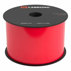 Continuous vinyl label roll for use with LabelTac Pro 2 printers. Red gloss finish, 3 inches wide by 150 feet long. Suitable for indoor and outdoor applications such as industrial safety marking, pipe identification, and equipment labeling.