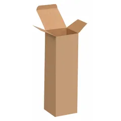 Fibreboard reverse tuck carton with Kraft finish. Inside dimensions: 2 1/2 in length, 2 1/2 in width, 8 in depth. Supplied in a 250-pack. Suitable for packaging and storing small parts, samples, or lightweight products.