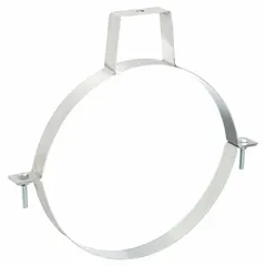 Steel duct hanger for round ducts, includes a two-piece hanger assembly. Used to support and secure round ductwork in HVAC ventilation systems. Measures 14 3/8 inches in length and 12 inches in width.