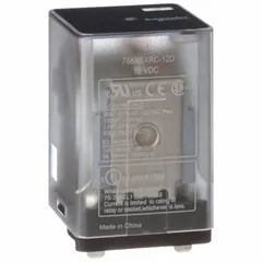 This SCHNEIDER 788R Series relay is a socket-mounted, plug-in device with a square base and 8 flat blade terminals. It features DPDT contacts rated at 10 A at 30V DC (resistive load, UL conforming) and a 12V DC coil. Typical applications include switching loads in industrial control panels, automation systems, and HVAC equipment.