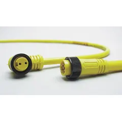 Single-ended cordset with yellow PVC jacket, 5 pins, 16 AWG wire, and 20 ft cable length. Features a 7/8"-16 female right-angle connector to bare wire. Rated IP68 and NEMA 6P for environmental protection. Suitable for flexing applications in industrial automation, sensors, and actuators requiring reliable signal or power connections.