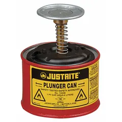 Powder coated steel plunger can in red, 1/8 gal capacity. Used for controlled one-handed dispensing of flammable liquids in industrial cleaning, parts washing, and rag wetting applications.