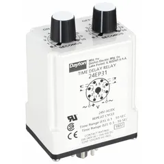 This socket-mounted time delay relay from Dayton is rated for 24V AC/DC coil voltage and 10 A contact current. It features 8 pins/terminals for straightforward installation in industrial control panels. Typical applications include automation, HVAC, and process control systems requiring single-function timing for load switching.