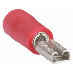 Female quick disconnect socket with partial red vinyl insulation. Accepts 22 AWG to 16 AWG wire sizes. Used for terminating wires in electrical connections where a removable connection is required.