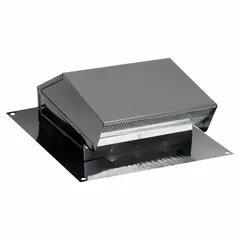 Round roof cap for terminating 6-inch exhaust ducts on rooftops. Made of 25 ga steel with a black epoxy finish and press-fit connection. Includes a screen to block debris and pests, and a backdraft damper to prevent reverse airflow.