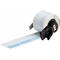Blue matte vinyl wraparound label for wire and cable identification. Measures 1 1/2 in x 1 1/2 in, suitable for 10 AWG to 4 AWG wire gauge. Compatible with Brady M710 printer series; requires M7-R4300 ribbon. Used for marking wires in electrical panels, control cabinets, and maintenance applications.