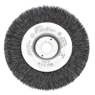 WEILER Wire Wheel Brush: Crimped Steel, 6 in Dia x 1 1/4 in Wd, 2 in Arbor - Light-Cleaning Brushes for Carbon Steel