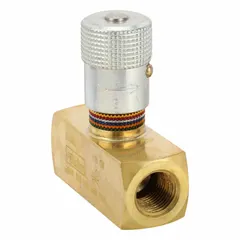 Manual needle valve for precise flow regulation in hydraulic and pneumatic systems. Brass body with 3/8 in NPT connections, rated for 2000 psi maximum pressure. Suitable for industrial fluid handling, lubrication lines, and instrumentation applications requiring fine adjustment.