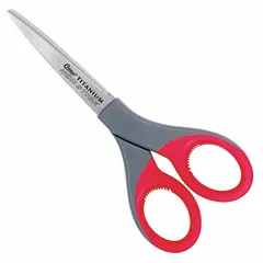 These 7-inch scissors feature straight, titanium-bonded blades with pointed tips for precise cutting. The gray plastic handles are designed for ambidextrous use. Suitable for cutting adhesives in industrial and craft applications.