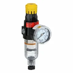 Parker 14 Series filter regulator with 1/4 in NPT ports, 18 scfm flow capacity, 5 micron filtration, and 0 to 125 psig pressure range. Features a zinc body, nitrile seal, and manual drain. Used in compressed air systems to remove particulates and regulate pressure for pneumatic tools and actuators.