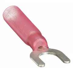 Red insulated fork terminal with heat shrink sleeve, designed for #10 stud size and accepting 22 AWG to 16 AWG wire. The standard fork shape allows easy installation and removal. After heating, the heat shrink provides strain relief and seals the connection against moisture and abrasion, suitable for industrial wiring applications.