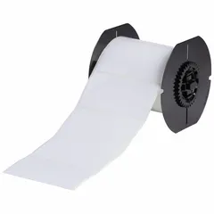 Acrylic permanent adhesive label roll with halogen-free material, designed for thermal transfer printing. Each roll contains 500 precut labels measuring 2 in x 4 in. Compatible with BBP33 printer series. Suitable for general industrial identification and labeling tasks.