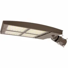 LED street and parking lot light fixture with slipfitter/knuckle mount for pole or wall installation. Delivers 30,021 to 31,641 lumens at 200W, 3000K color temperature, Bronze finish. Suitable for area lighting in parking lots, streets, and commercial outdoor spaces.
