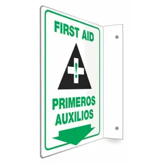 L-Shape projection sign for identifying first aid stations. Nominal size 12 in x 9 in, made of PETG with mounting holes for wall installation. Not retroreflective, not glow-in-the-dark, no anti-slip surface. Suitable for use in industrial facilities to indicate first aid locations.