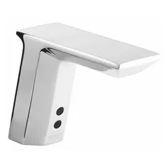 This KOHLER Insight faucet is a single-post sensor model constructed from brass with a chrome finish. It is battery-powered and includes 24-inch flexible supply hoses. The faucet delivers an aerated flow, suitable for handwashing in commercial or public restroom settings.