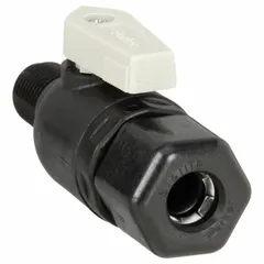 This manual two-way ball valve features a polypropylene body with sweat x MNPT connections and a full-port ball port. It is operated by a lever handle and is NSF 51 compliant. Used for flow control in potable water and food-processing lines where corrosion resistance is required.