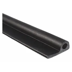This P-shaped seal is made of EPDM foam rubber with a self-adhesive backing for easy installation. It measures 1/2 inch in height and 250 feet in length, and is black in color. Typical applications include weatherproofing, vibration damping, and gap sealing in enclosures, doors, panels, and machinery.