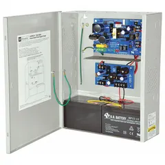 The ALTRONIX AL400UL3X is a power supply board housed in a steel enclosure. It accepts 115V AC input and provides simultaneous outputs: 5/12VDC at 1.75A and 24VDC at 1.5A. Suitable for powering access control systems, security devices, and other low-voltage equipment requiring multiple voltage outputs.