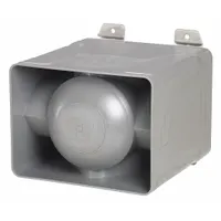 This electronic horn from FEDERAL SIGNAL operates on 120 to 240V AC and is suitable for indoor and outdoor use. The gray unit produces a horn sound for industrial signaling applications such as plant-wide alerts, safety warnings, and process notifications